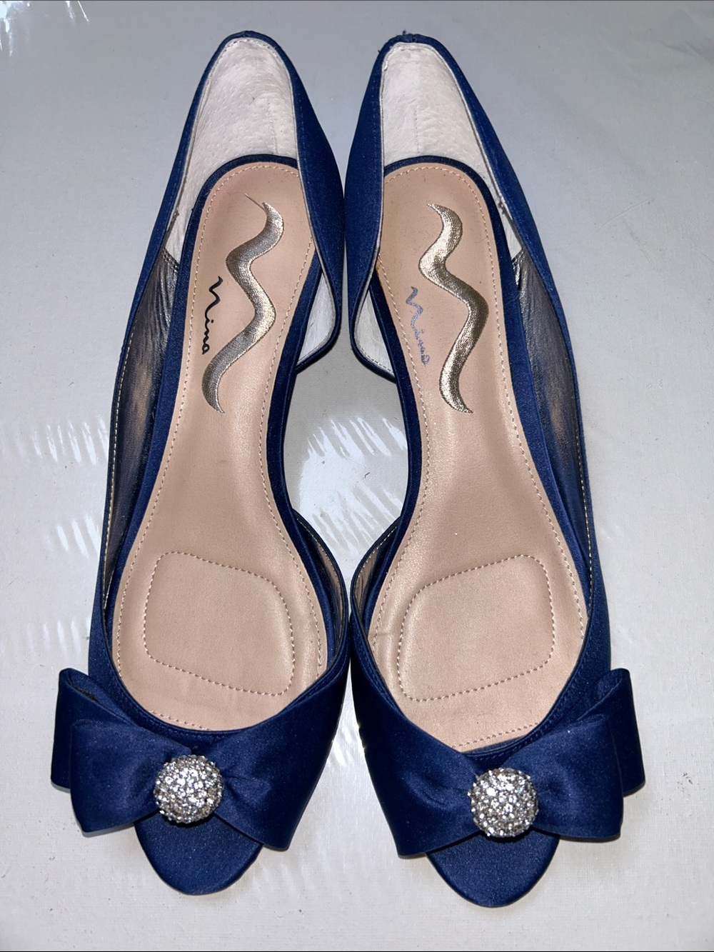 NWOB Nina Contesa D’Orsay Navy Blue Satin Peep Toe Flats w/ Bow & Rhinestone 10W - Picture 2 of 9